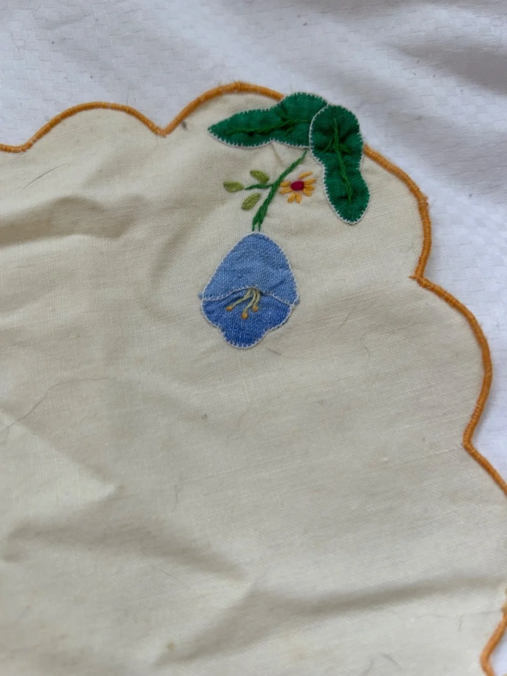 Antique St Barth handmade embroidered applique set 8 blue white doilies center